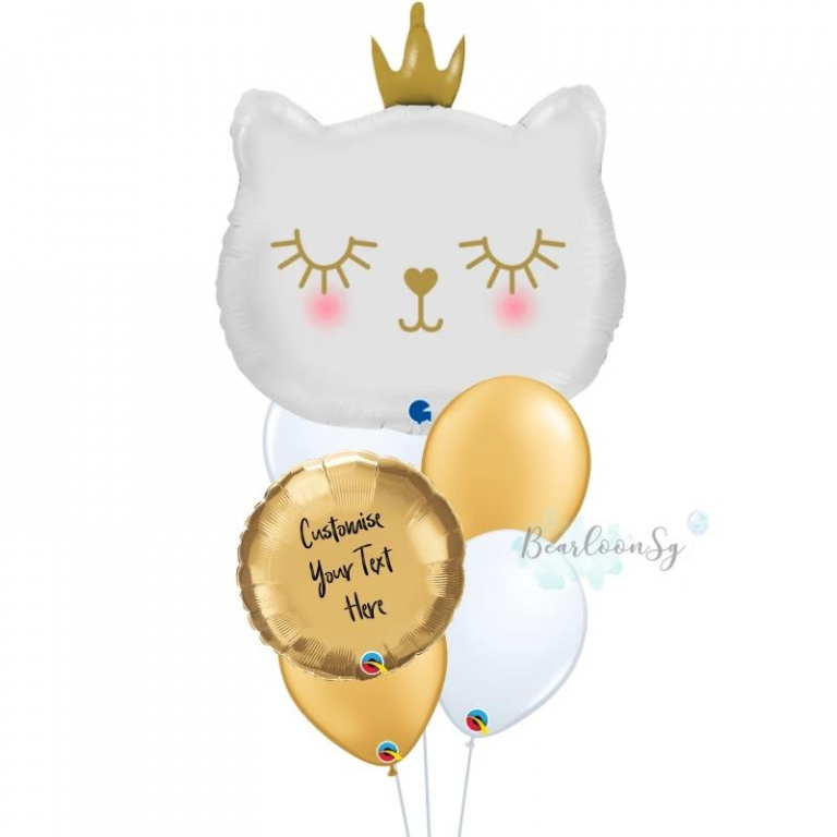 Personalised Cat White Princess Balloon Bouquet Bearloonsg