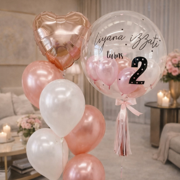 Rose gold & White Personalised Balloon & Foil Balloon Bouquet Package (Heart)