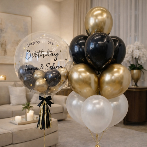 Black & Gold Personalised & Cluster Balloon Package
