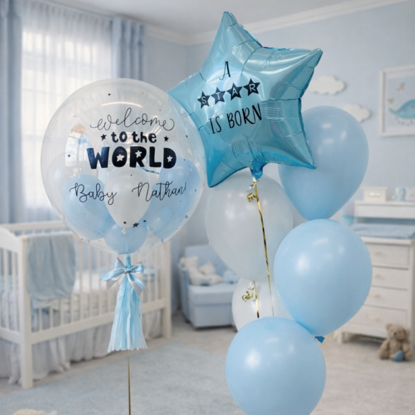 Blue & White Personalised Balloon & Foil Balloon Bouquet Package