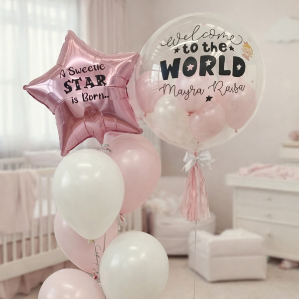 Pink & White Personalised Balloon & Foil Balloon Bouquet Package (Star)