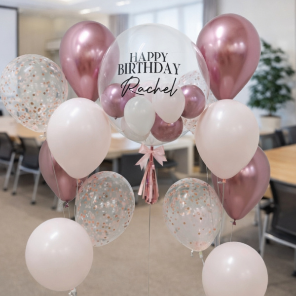 Personalised Bubble Balloon with Rose Gold Confetti Latex Balloon Bouquet featuring custom birthday message, white and rose gold helium balloons for birthday celebrations.