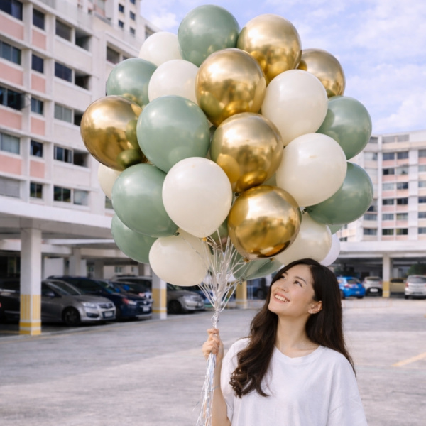 Loose Latex Balloons ( Chrome Gold, Eucalyptus Green, White Sand)
