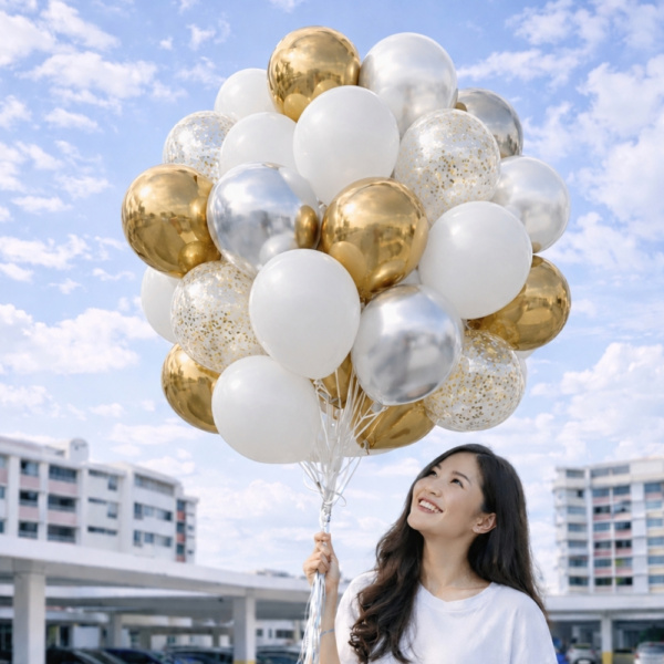 Helium latex balloon bouquet in Gold, Silver and white delivered in Singapore, held by a smiling woman outdoors under a blue sky.