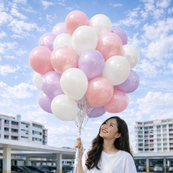 Helium balloon bouquet in purple, pink and white delivered in Singapore, held by a smiling woman outdoors under a blue sky.