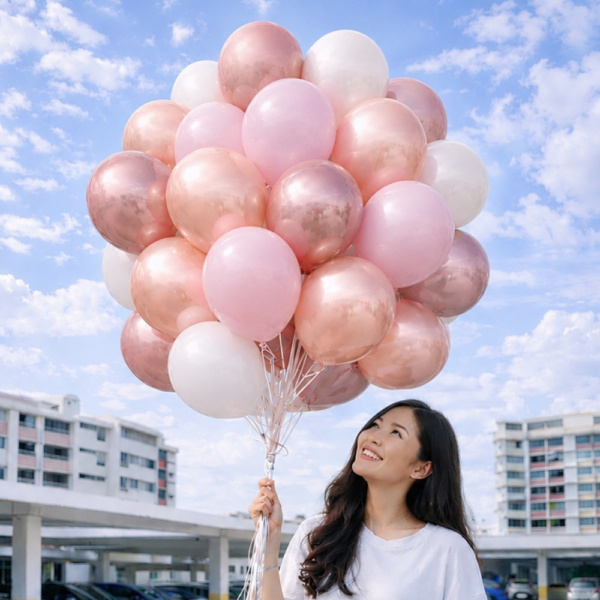 Helium balloon bouquet in pink, rose gold and white delivered in Singapore, held by a smiling woman outdoors under a blue sky.