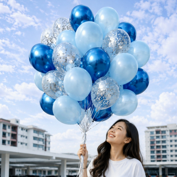 Helium latex balloon bouquet in Blue and silver delivered in Singapore, held by a smiling woman outdoors under a blue sky.