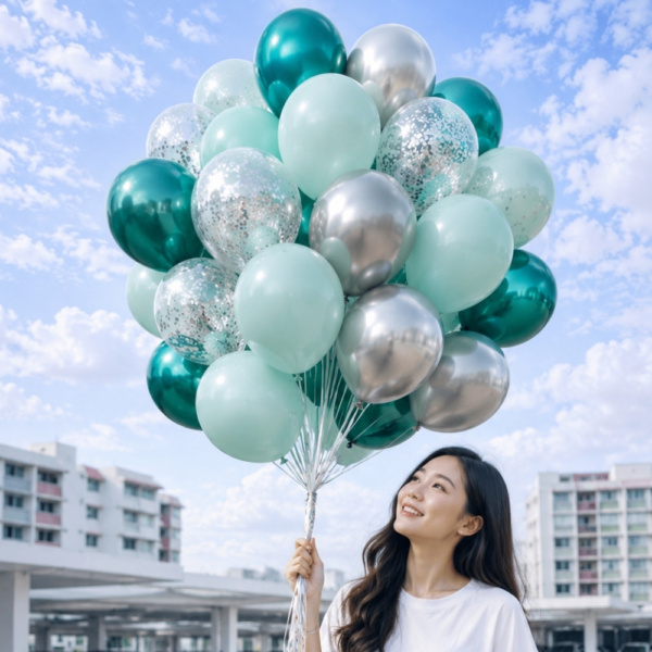 Helium balloon bouquet in green & silver delivered in Singapore, held by a smiling woman outdoors under a blue sky.
