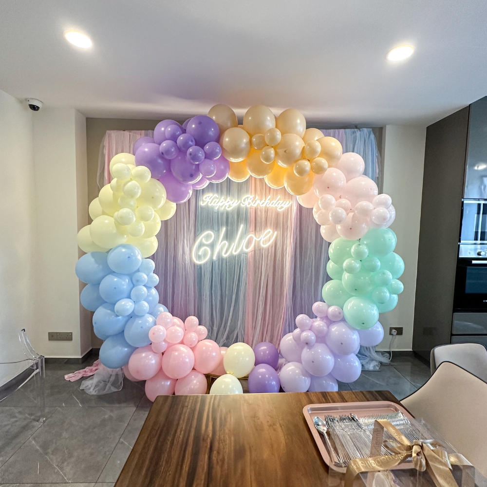 Chloe's pastel rainbow round balloon arch